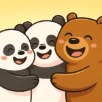 A group of adorable teddy bears sitting together, each with a name tag showing funny and creative bear nicknames. Perfect visual for an article about teddy bear names, stuffed animal names, and best bear nicknames.