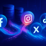 Illustration showing data spooling process in social media — glowing data streams connecting servers and social platforms.