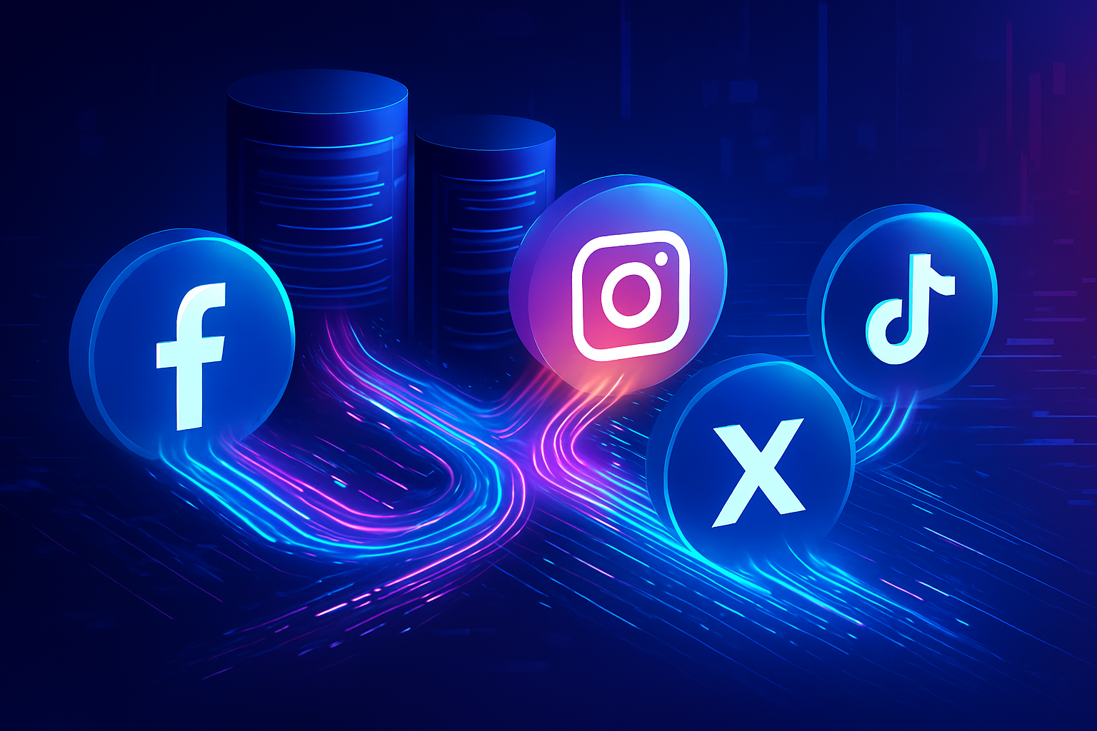 Illustration showing data spooling process in social media — glowing data streams connecting servers and social platforms.