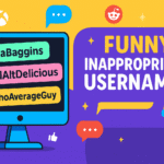 Funny inappropriate usernames displayed on a computer screen with colorful background and social media icons