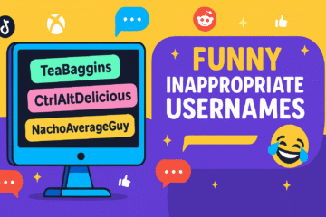 Funny inappropriate usernames displayed on a computer screen with colorful background and social media icons
