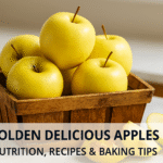 Fresh Golden Delicious apples in a basket with bright yellow-green skin and natural light background.