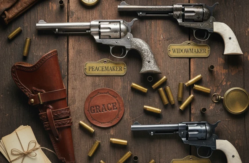 Collection of vintage and modern firearms with engraved nicknames and tags, representing creative and historical names for guns.