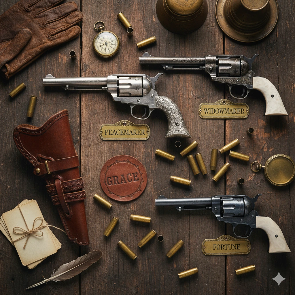 Collection of vintage and modern firearms with engraved nicknames and tags, representing creative and historical names for guns.