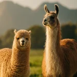 Alpaca and llama standing side by side on a farm with clear visible differences