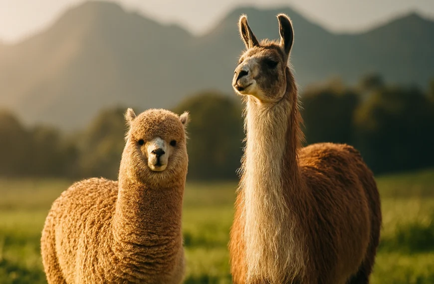 Alpaca and llama standing side by side on a farm with clear visible differences