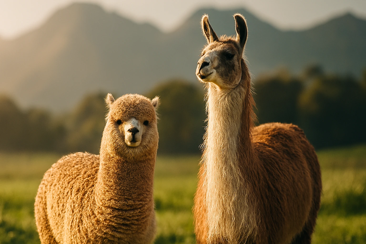 Alpaca and llama standing side by side on a farm with clear visible differences