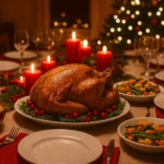 A beautifully decorated Christmas dinner table for a large group with turkey, mashed potatoes, and festive lights.