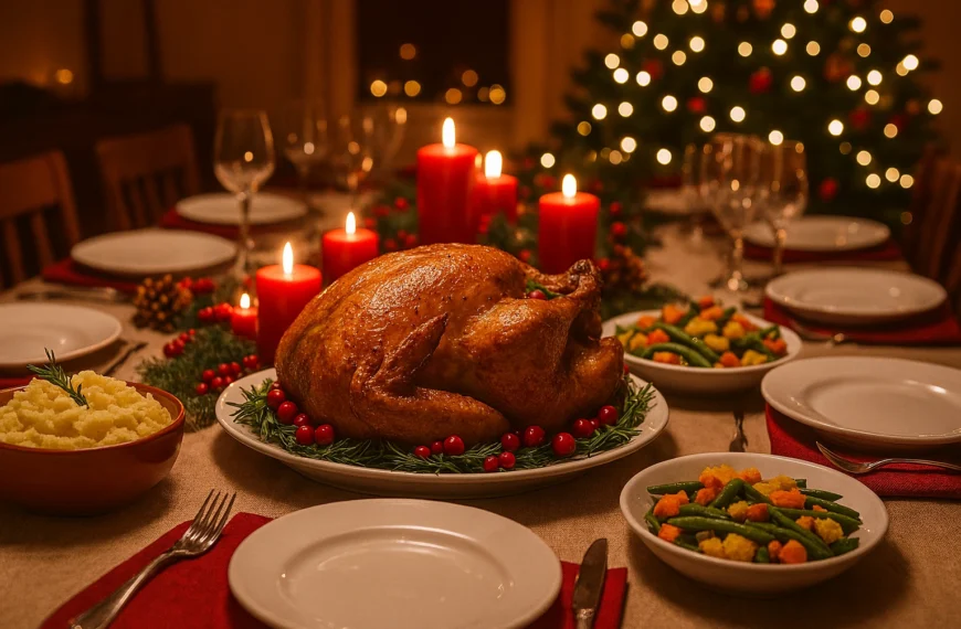 A beautifully decorated Christmas dinner table for a large group with turkey, mashed potatoes, and festive lights.