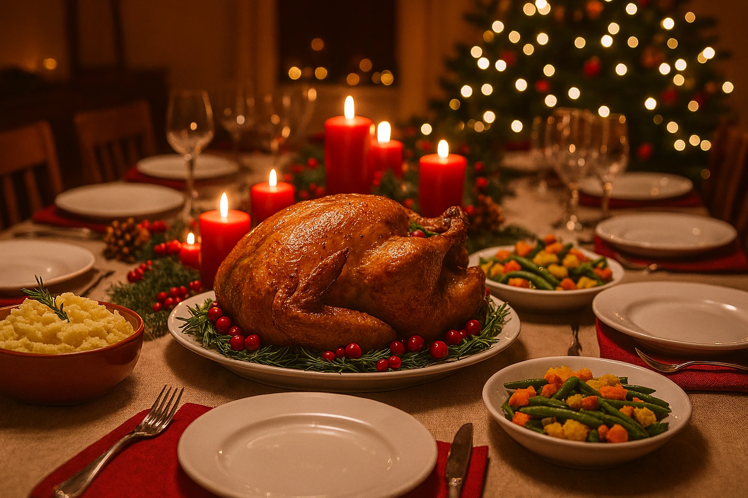 A beautifully decorated Christmas dinner table for a large group with turkey, mashed potatoes, and festive lights.