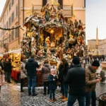 Italian Christmas scene with festive lights, a traditional nativity display, Christmas market stalls, and decorated streets during the holiday season.