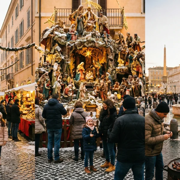 Italian Christmas scene with festive lights, a traditional nativity display, Christmas market stalls, and decorated streets during the holiday season.