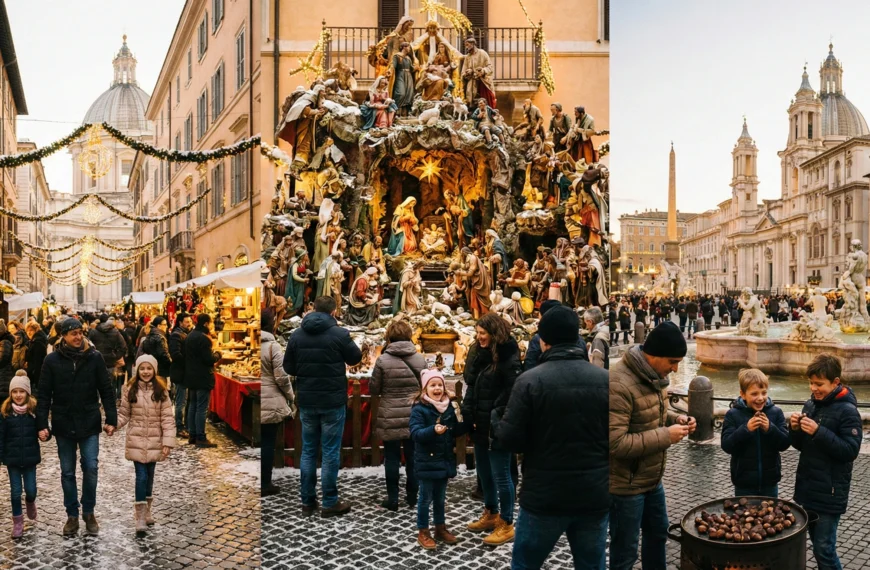 Italian Christmas scene with festive lights, a traditional nativity display, Christmas market stalls, and decorated streets during the holiday season.