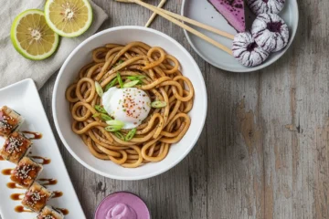 A colorful display of various foods that start with the letter U, including Udon, Ube desserts, and Ugli fruit.