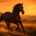 A strong brown horse galloping on a countryside trail at sunset, symbolizing endurance and speed.