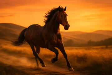 A strong brown horse galloping on a countryside trail at sunset, symbolizing endurance and speed.