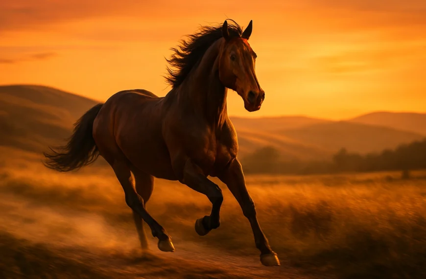 A strong brown horse galloping on a countryside trail at sunset, symbolizing endurance and speed.