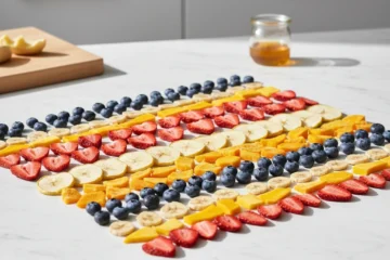 Assorted freeze-dried fruits including strawberries, apples, bananas, and mango slices arranged on a white background
