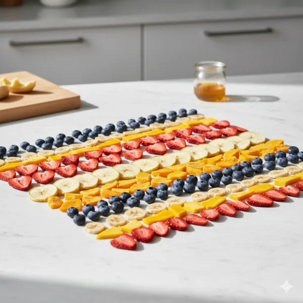Assorted freeze-dried fruits including strawberries, apples, bananas, and mango slices arranged on a white background