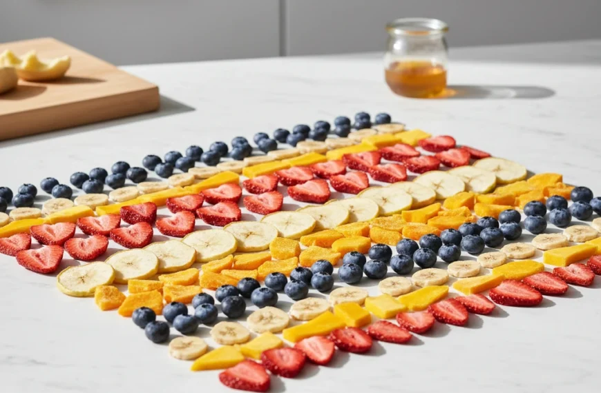 Assorted freeze-dried fruits including strawberries, apples, bananas, and mango slices arranged on a white background