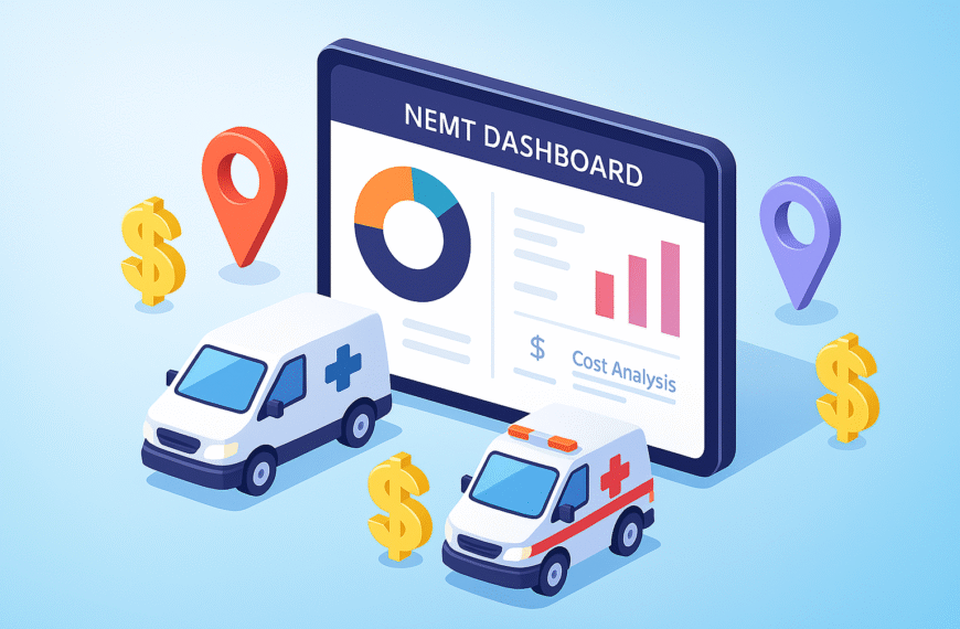 Illustration showing NEMT software dashboard with medical vans and cost analysis symbols representing NEMT software cost.