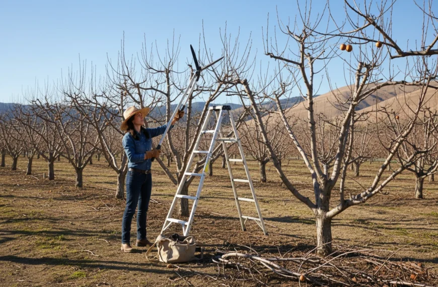 Gardener pruning fruit trees during winter in California orchard
