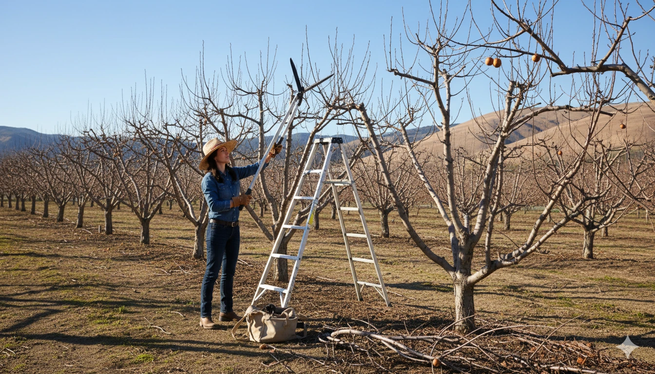 Gardener pruning fruit trees during winter in California orchard
