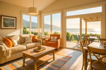 Vacation rental home perfect for families, showing living area and outdoor seating.