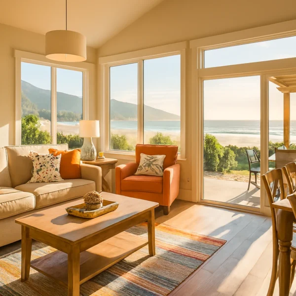 Vacation rental home perfect for families, showing living area and outdoor seating.