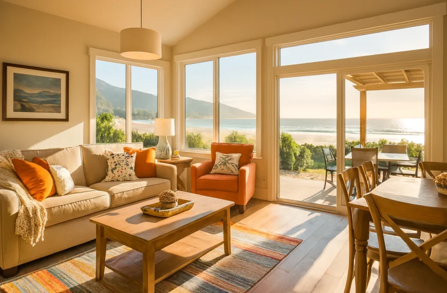 Vacation rental home perfect for families, showing living area and outdoor seating.