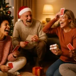 Adults enjoying fun Christmas party games together in a festive indoor setting with a decorated Christmas tree.
