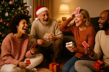 Adults enjoying fun Christmas party games together in a festive indoor setting with a decorated Christmas tree.