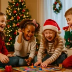 Kids playing Christmas board games in festive living room with decorated tree and gifts.