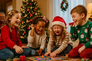 Kids playing Christmas board games in festive living room with decorated tree and gifts.
