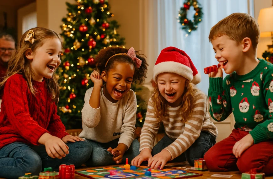 Kids playing Christmas board games in festive living room with decorated tree and gifts.