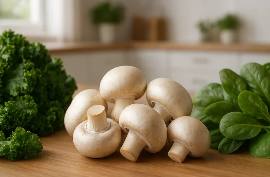Fresh mushrooms displayed on a wooden table with other keto diet vegetables, showing low carb vegetables suitable for keto