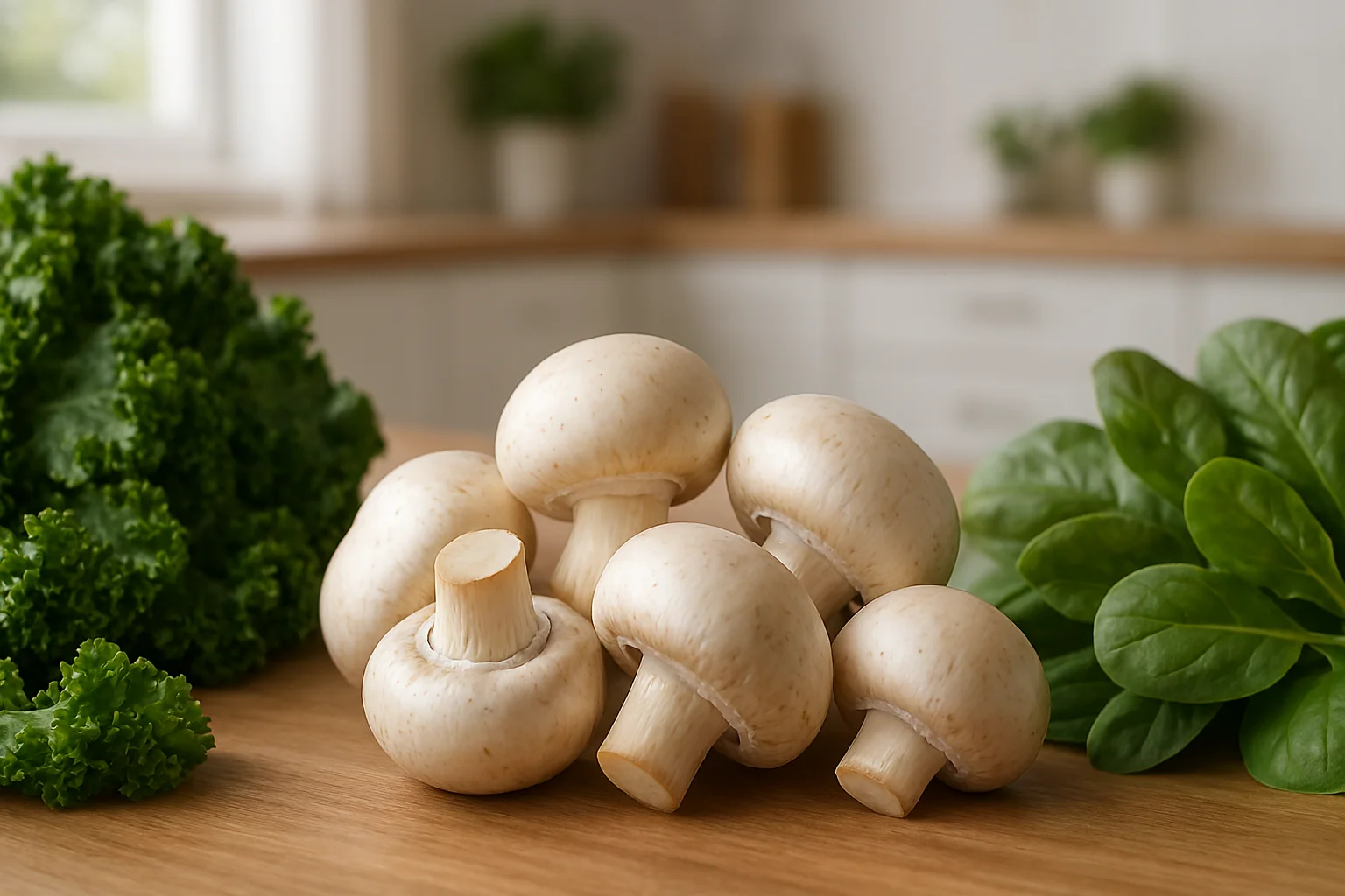 Fresh mushrooms displayed on a wooden table with other keto diet vegetables, showing low carb vegetables suitable for keto