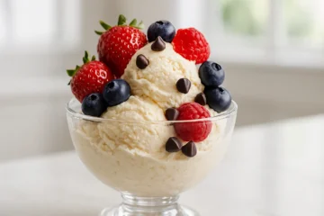 Creamy keto ice cream topped with fresh berries and sugar free chocolate chips in a glass bowl
