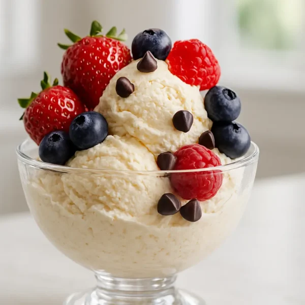 Creamy keto ice cream topped with fresh berries and sugar free chocolate chips in a glass bowl