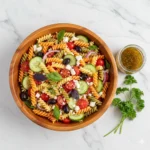 Fresh homemade pasta salad recipe in a bowl with colorful vegetables, olives, cheese, and light dressing — perfect summer side dish.
