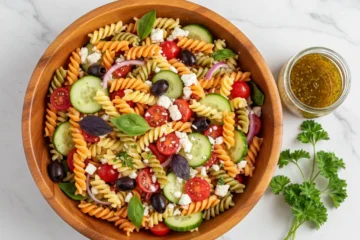 Fresh homemade pasta salad recipe in a bowl with colorful vegetables, olives, cheese, and light dressing — perfect summer side dish.