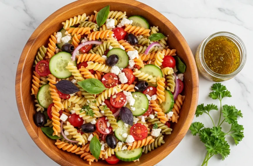 Fresh homemade pasta salad recipe in a bowl with colorful vegetables, olives, cheese, and light dressing — perfect summer side dish.