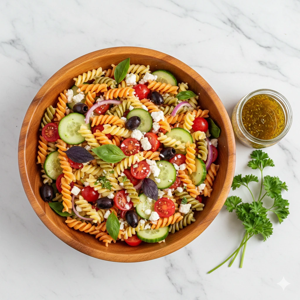 Fresh homemade pasta salad recipe in a bowl with colorful vegetables, olives, cheese, and light dressing — perfect summer side dish.