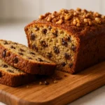 Moist banana bread recipe sliced on a wooden board with chocolate chips and walnuts