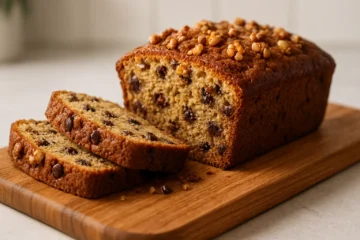 Moist banana bread recipe sliced on a wooden board with chocolate chips and walnuts