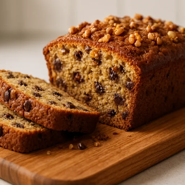 Moist banana bread recipe sliced on a wooden board with chocolate chips and walnuts