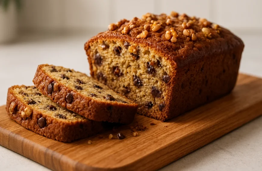 Moist banana bread recipe sliced on a wooden board with chocolate chips and walnuts