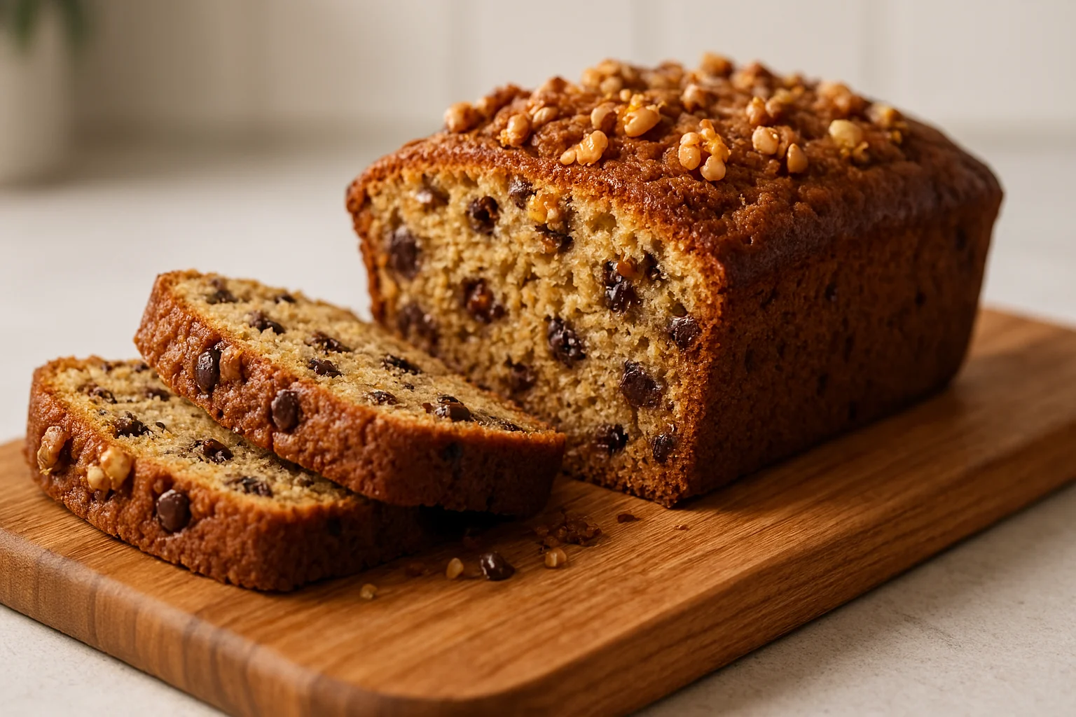 Moist banana bread recipe sliced on a wooden board with chocolate chips and walnuts
