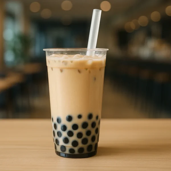 Glass of milk boba tea with tapioca pearls showing classic bubble tea drink that may contain caffeine