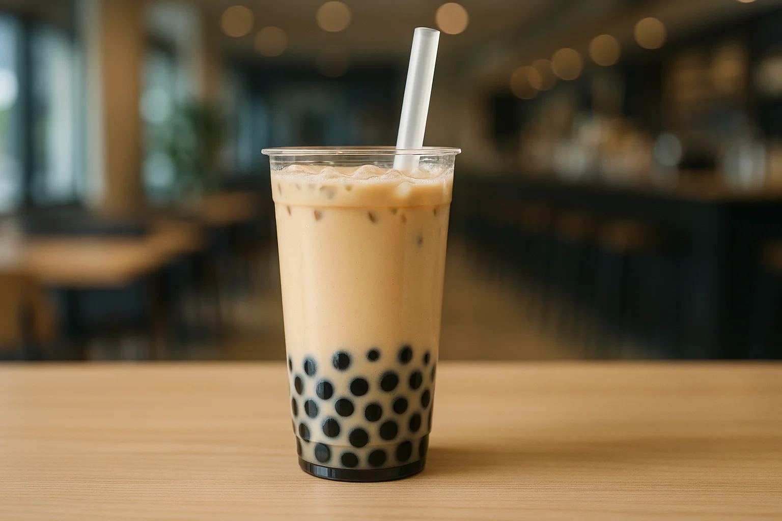 Glass of milk boba tea with tapioca pearls showing classic bubble tea drink that may contain caffeine